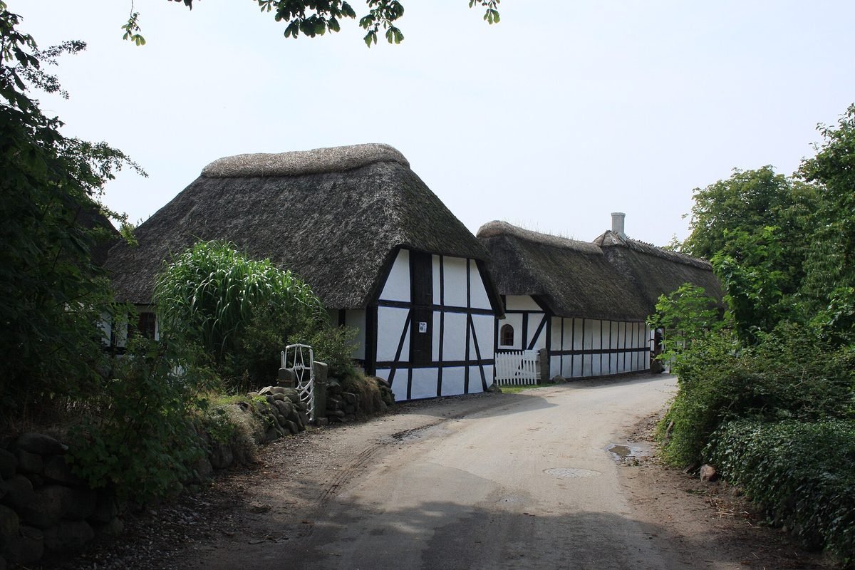 Reetgedeckte Häuser im Dorf auf der Insel Lyø in der dänischen Südsee