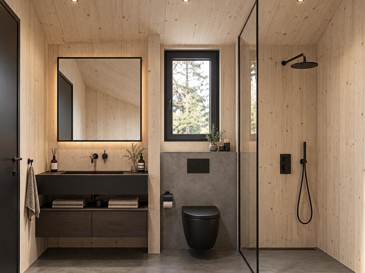 Visualisierung eines Badezimmers mit Holzverkleidung und Walk-in-Dusche