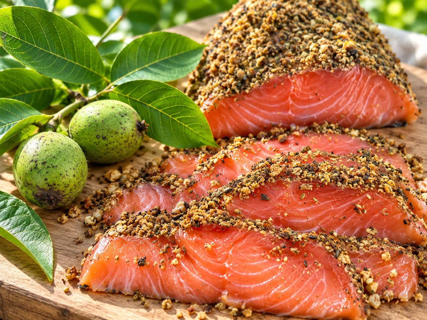 Graved Lachs &AElig;r&oslash; mit ger&ouml;steten Waln&uuml;ssen, daneben gr&uuml;ne Waln&uuml;sse und Walnussbl&auml;tter